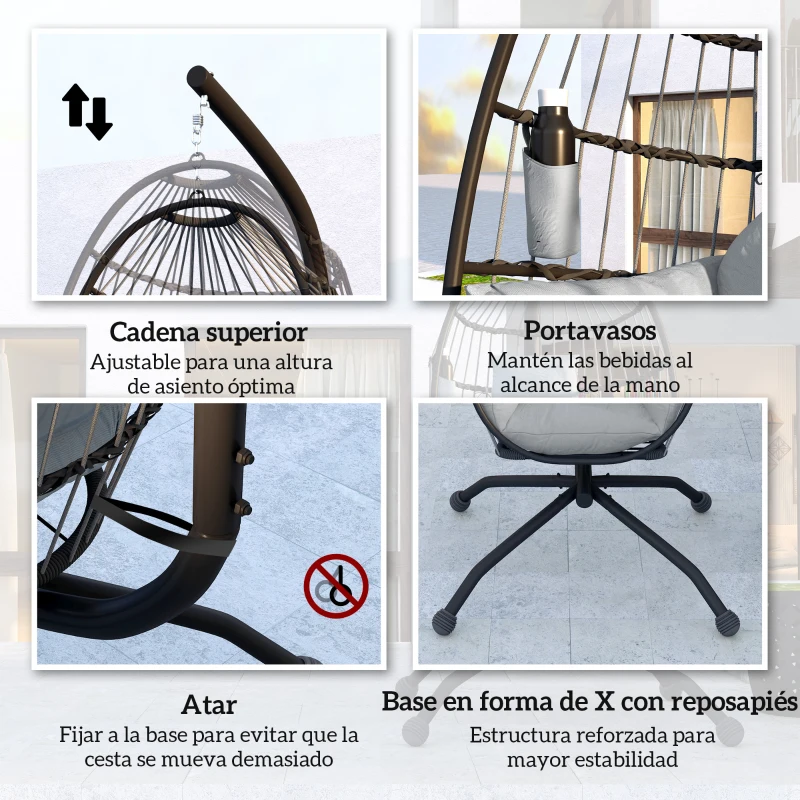 Outsunny Silla Colgante con Soporte Cesta Plegable Cojín y Reposacabezas para Interior y Exterior Carga 120 kg Gris