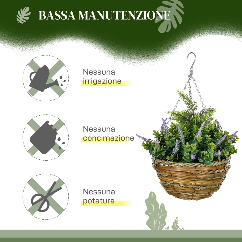 Outsunny Set 2 Piante Finte di Lavanda con Vaso e Gancio, in PE e Vimini, Ø25x34 cm, Verde e Viola