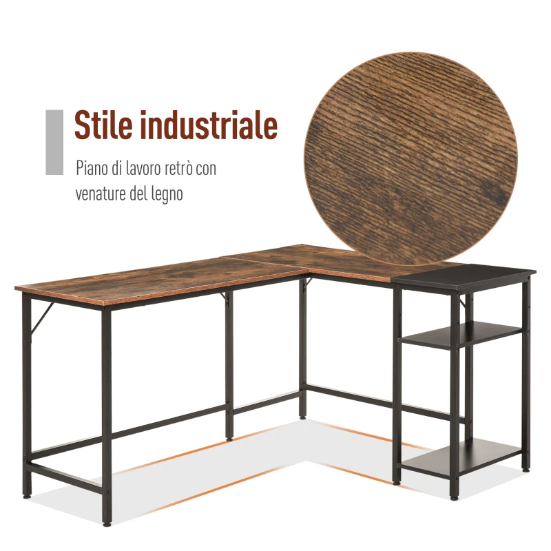 HOMCOM Scrivania Angolare in Stile Industriale con Ripiano Laterale, in Legno e Metallo Nero, 150x120x75cm
