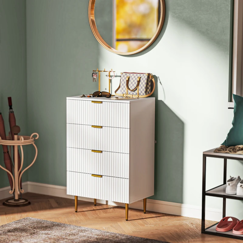 HOMCOM Commode 4 tiroirs commode chambre meuble de rangement moderne avec poignées et pieds dorés, dim. 60 x 40 x 96 cm, blanc