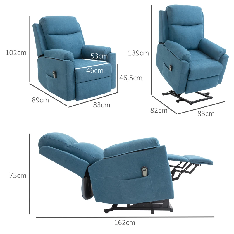 HOMCOM Fauteuil électrique releveur fauteuil relax avec repose-pieds dossier inclinable télécommande poche latérale bleu(m-3)
