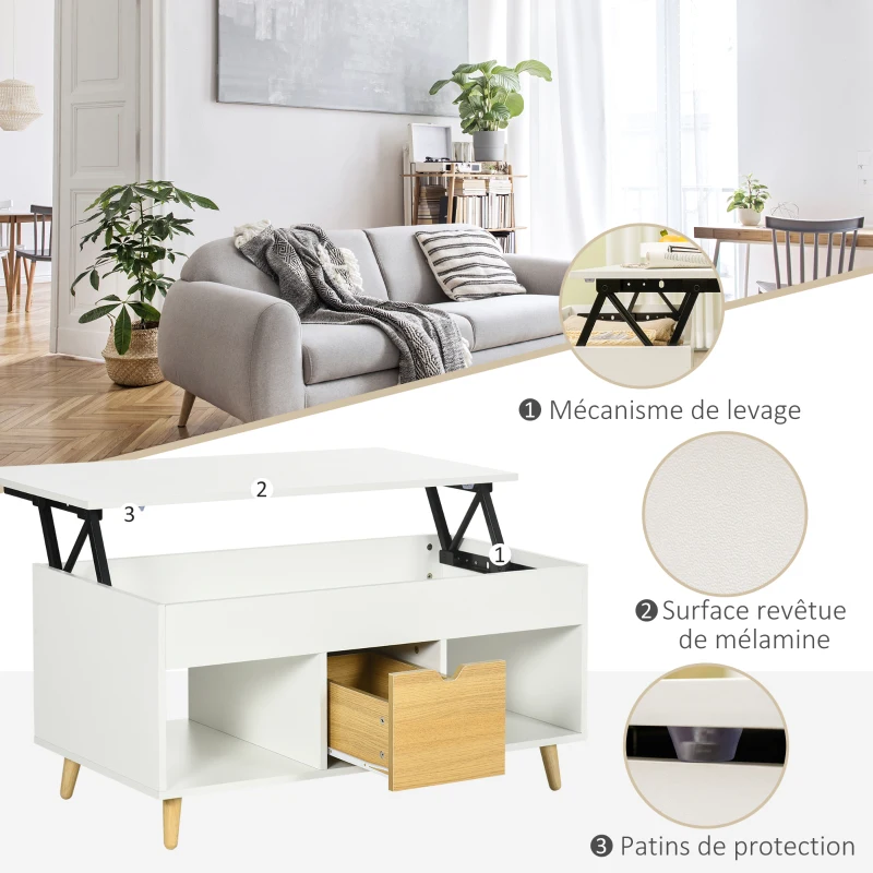 HOMCOM Table basse rectangulaire avec plateau relevable 1 tiroir, 2 niches et coffre - en bois aspect bois clair et blanc