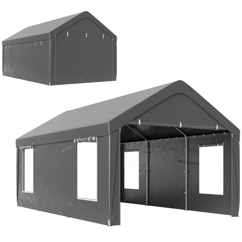 Outsunny Carport tente de garage 3 x 6 m avec parois latérales amovibles, 2 portes enroulables et 4 fenêtres, gris foncé