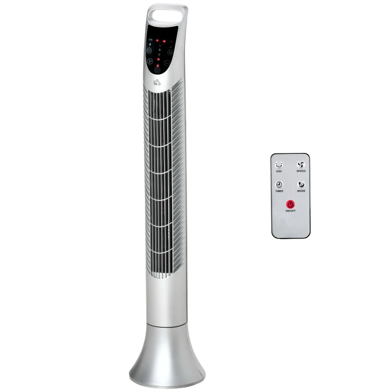 HOMCOM 36'' Freestanding Tower Fan, 3 Speed 3 Mode, 7.5h Timer, 70 Degree Oscillation, LED Panel, 5M Remote Controller, Silver