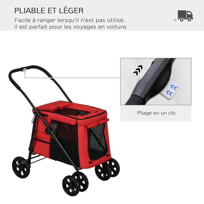 PawHut Poussette pliable animaux chien chat coussin inclus roues avec frein tissu 600D Oxford 102 x 62 x 105 cm rouge