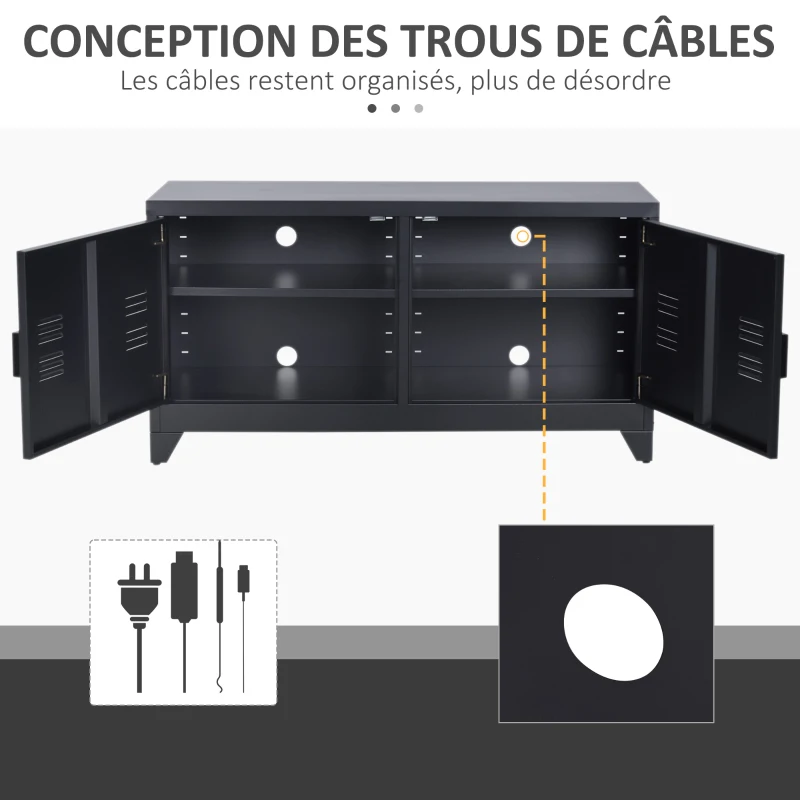 HOMCOM Meuble TV banc télévision design industriel 2 placards avec 2 étagères réglables passe-câbles structure acier noir
