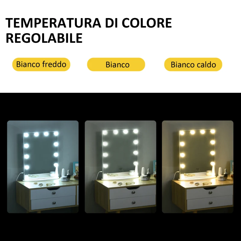 HOMCOM Specchio da Tavolo Professionale per Makeup con 12 Luci a LED Dimmerabili e Interruttore Touch in Stile Vintage