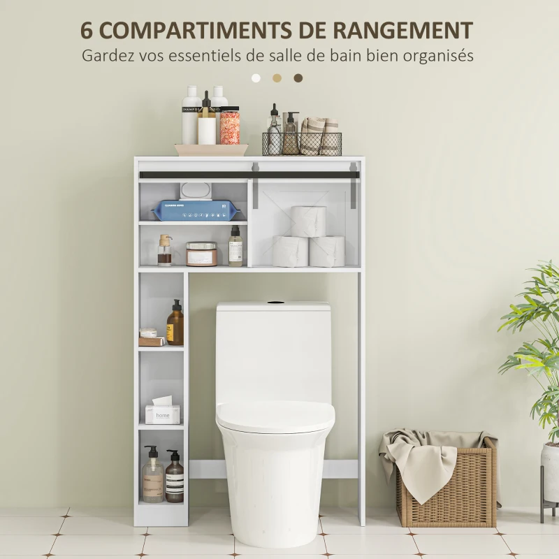 HOMCOM Meuble de rangement au-dessus des toilettes avec porte coulissante, Meuble étagère dessus WC, étagère réglable, blanc