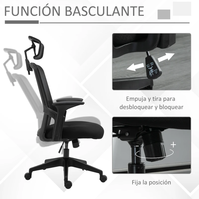 Vinsetto Silla de Oficina Ergonómica Silla de Malla con Altura Ajustable Reposacabezas Soporte Lumbar Regulables y Respaldo Transpirable 63,5x64,5x113-122 cm Negro