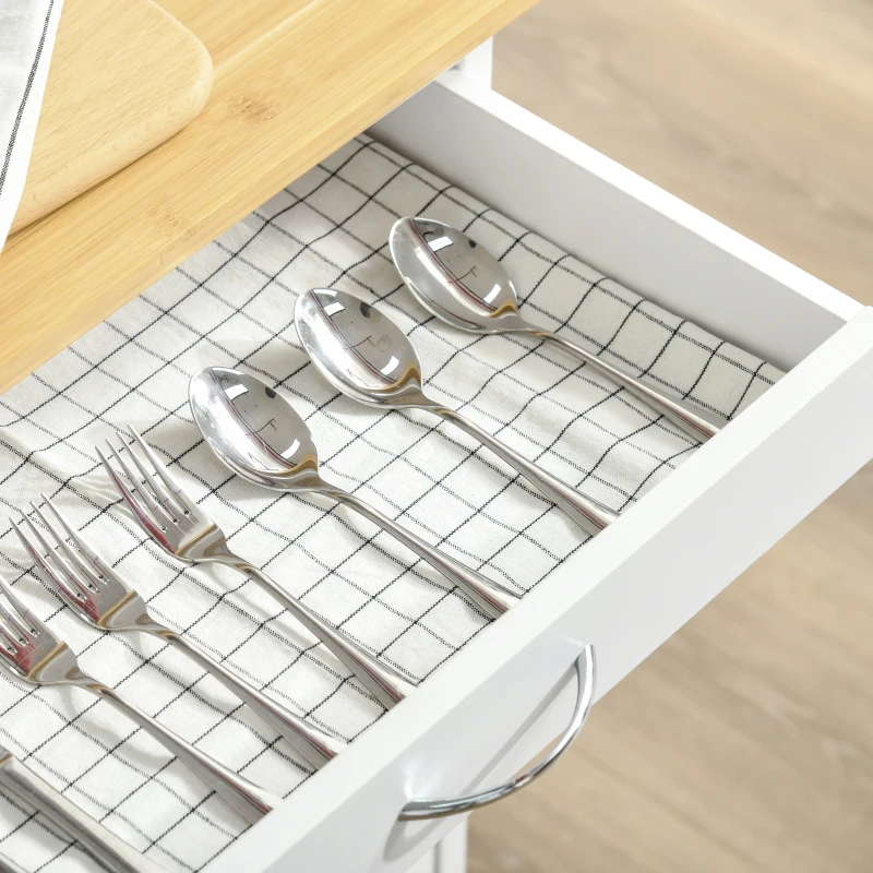HOMCOM Chariot de service desserte de cuisine à roulettes meuble de rangement avec plateau en bambou panier en métal et armoire avec 2 portes persiennes dim. 58L x 37l x 83H cm - blanc