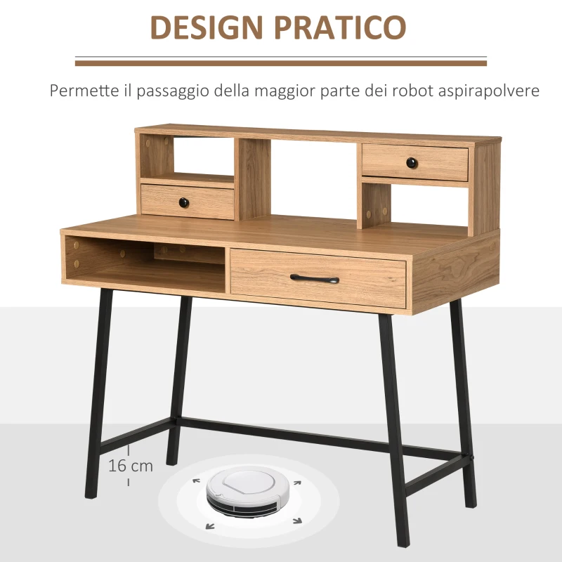 HOMCOM Scrivania Moderna per Ufficio e Camera, Scaffale con Cassetti e Mensole, 105x55x100cm, Colore Legno