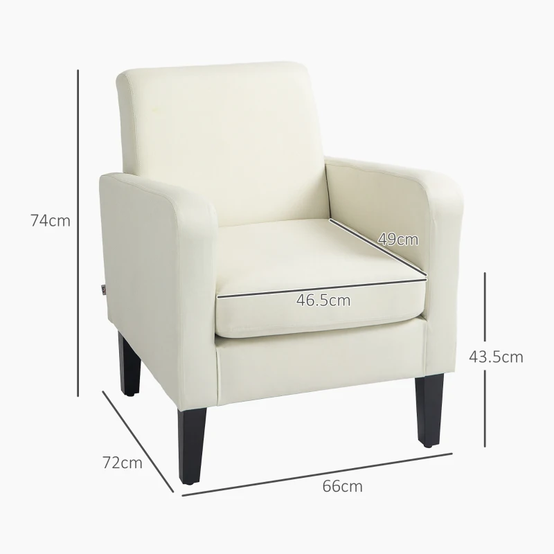 HOMCOM 2 Pieces Modern Armchairs with Rubber Wood Legs, Upholstered Accent Chairs, Single Sofa for Living Room, Bedroom, Cream White
