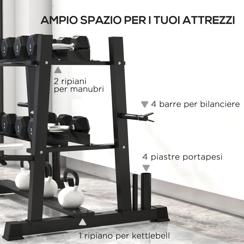SPORTNOW Rastrelliera per Manubri in Acciaio con 4 Aste Regolabili per Pesi e Kettlebell, 131x75x80 cm, Nero