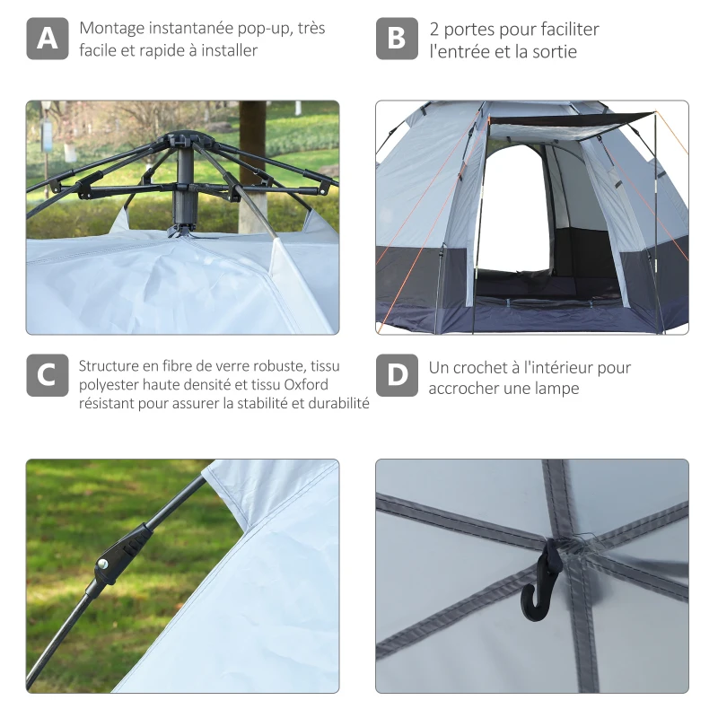 Outsunny Tente pop up tente de camping 3-4 pers. tente dôme étanche légère ventilée facile à monter 2 grandes portes dim. 2,6L x 2,6l x 1,5H m fibre verre polyester oxford noir gris