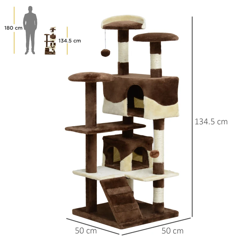 PawHut Albero Tiragraffi per Gatti in Peluche e Sisal con Cucce e Pallina 50×50×134.5cm Caffè e Crema