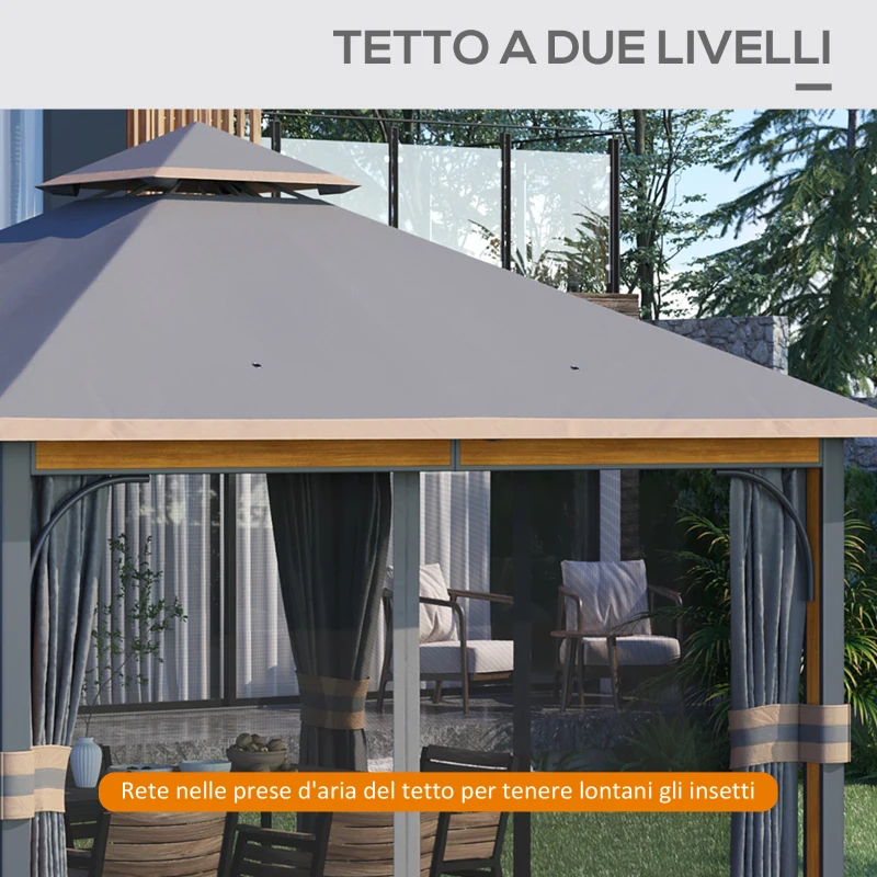 Outsunny Gazebo da Giardino 3x4 m con Zanzariera e Tende, Alluminio e Acciaio, Grigio e Marrone