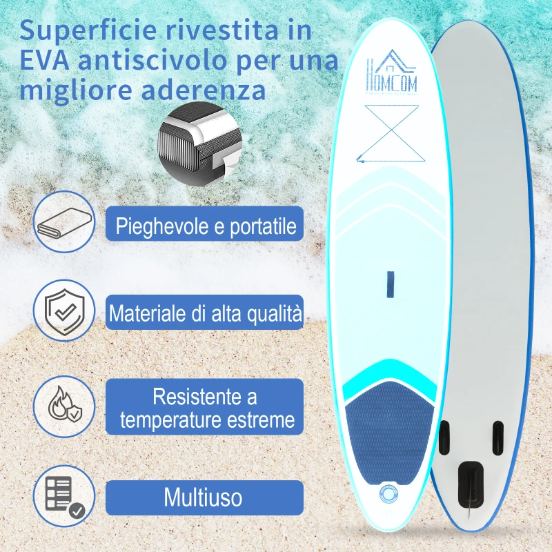 HOMCOM Tavola SUP Gonfiabile con Accessori Inclusi, Stand Up Paddle per Adulti e Teenager, 305x80x15cm Blu e Bianco