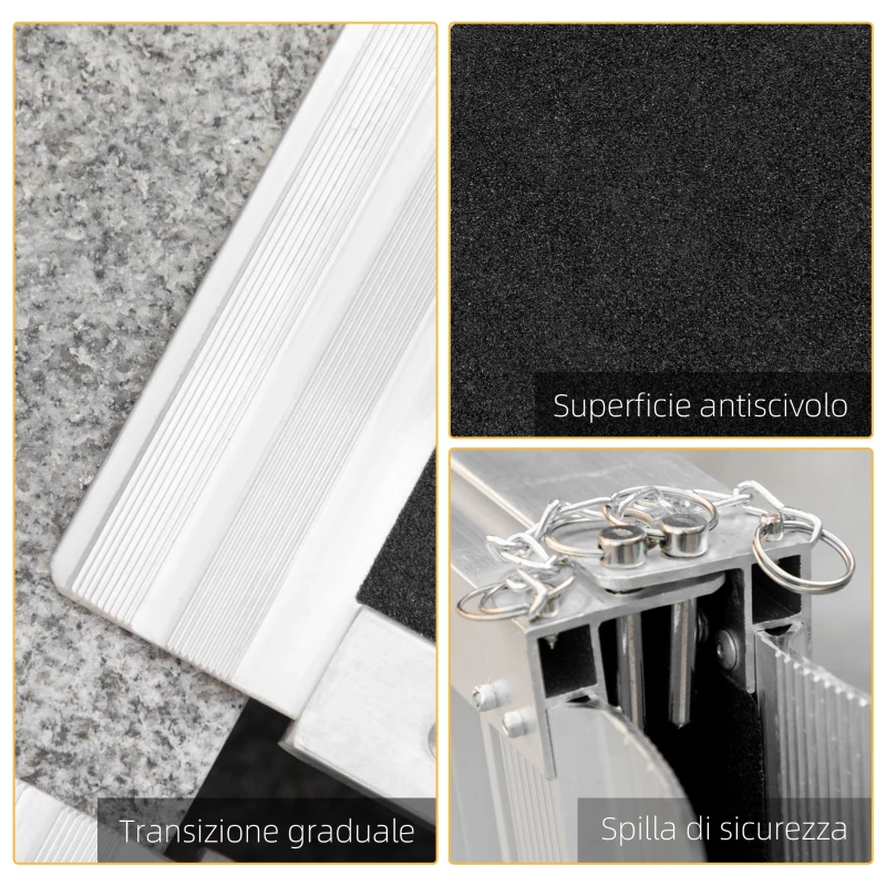 HOMCOM Rampa per Sedia a Rotelle Pieghevole con Guide Laterali, in Lega di Alluminio, 61x72 cm, Argento e Nero