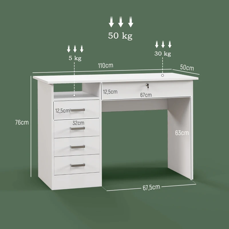 HOMCOM Bureau moderne avec 5 tiroirs, grand plateau, 1 compartiment ouvert, tiroir verrouillable, 110 x 50 x 76cm, blanc