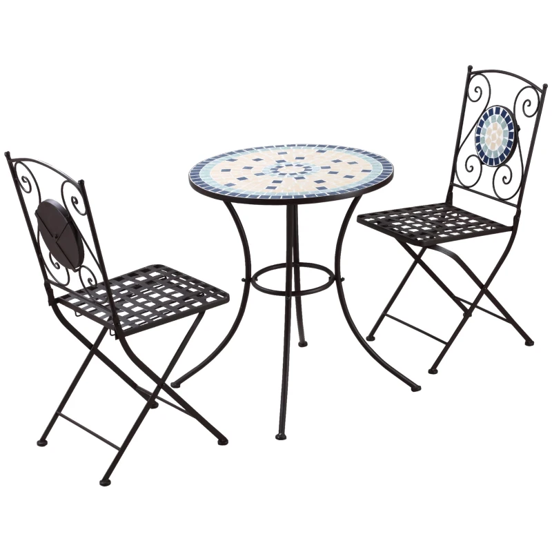 Outsunny Mobili da Giardino Set 3 Pezzi con 2 Sedie Pieghevoli e 1 Tavolino Rotondo, in Metallo e Ceramica