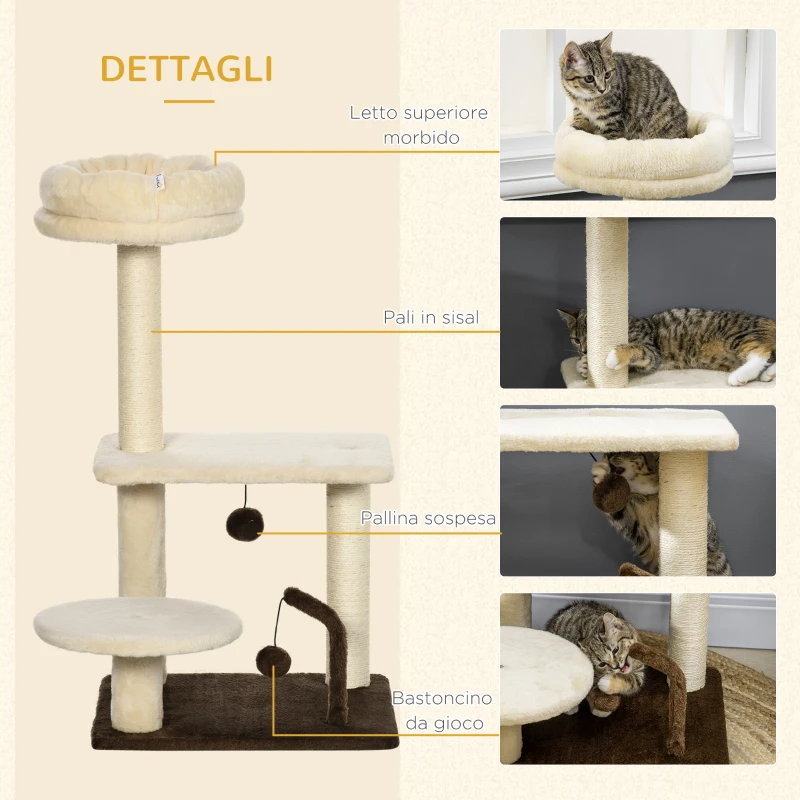 PawHut Albero Tiragraffi per Gatti con Palo in Sisal, Posatoio e Palline da Gioco, in Truciolato e Peluche, 44x38x81 cm