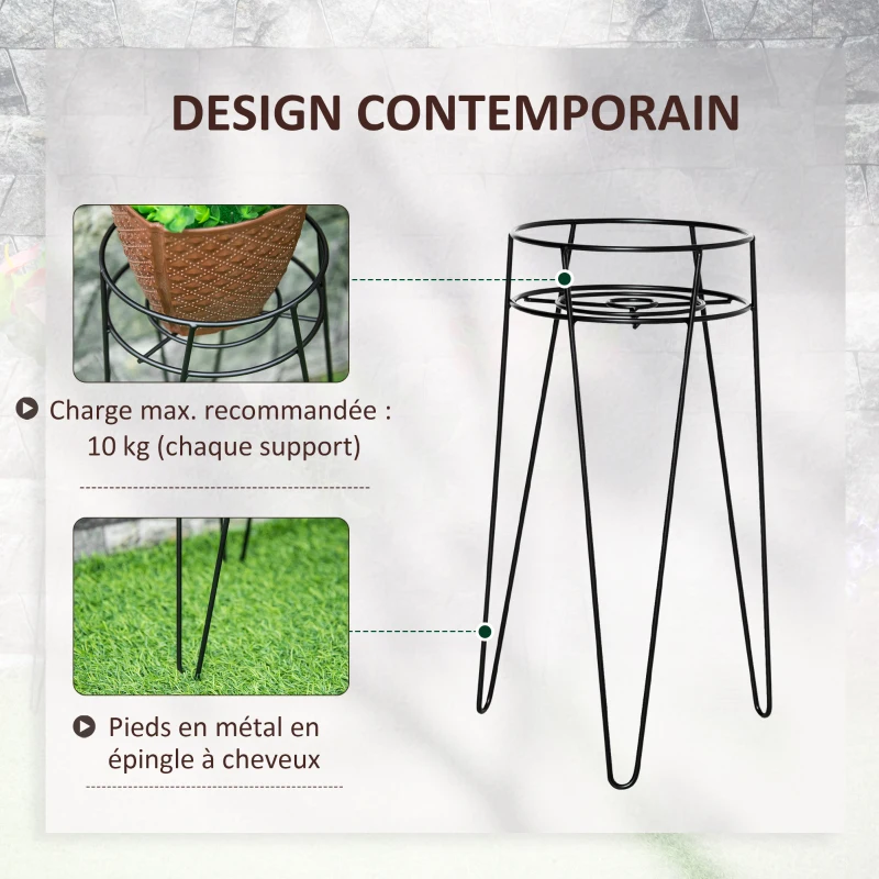 Outsunny Lot de 3 Supports pour Plantes pour pots de fleurs jusqu'à Ø16 cm Modernes avec Pieds en épingle à Cheveux en métal pour intérieur extérieur - Noir