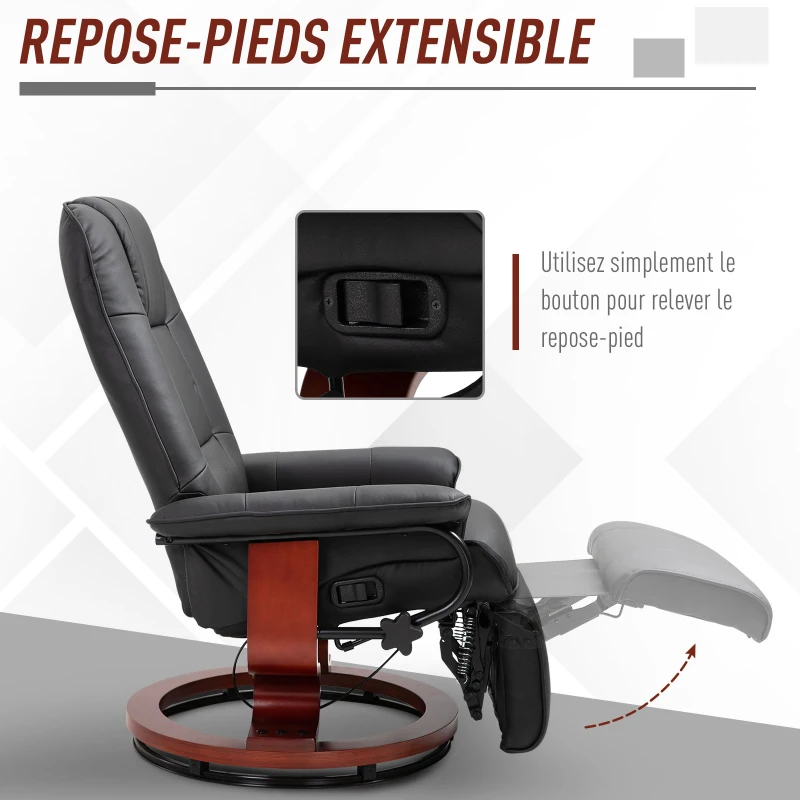 HOMCOM Fauteuil relax inclinable fauteuil de salon repose-pieds réglable pivotant 360° piètement bois revêtement synthétique noir(m-6)