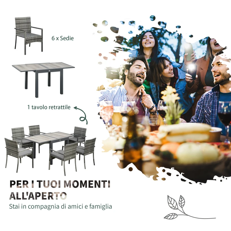 Outsunny Set da Giardino con Tavolo Allungabile e 6 Sedie con Cuscini in Rattan PE, Grigio e Marrone