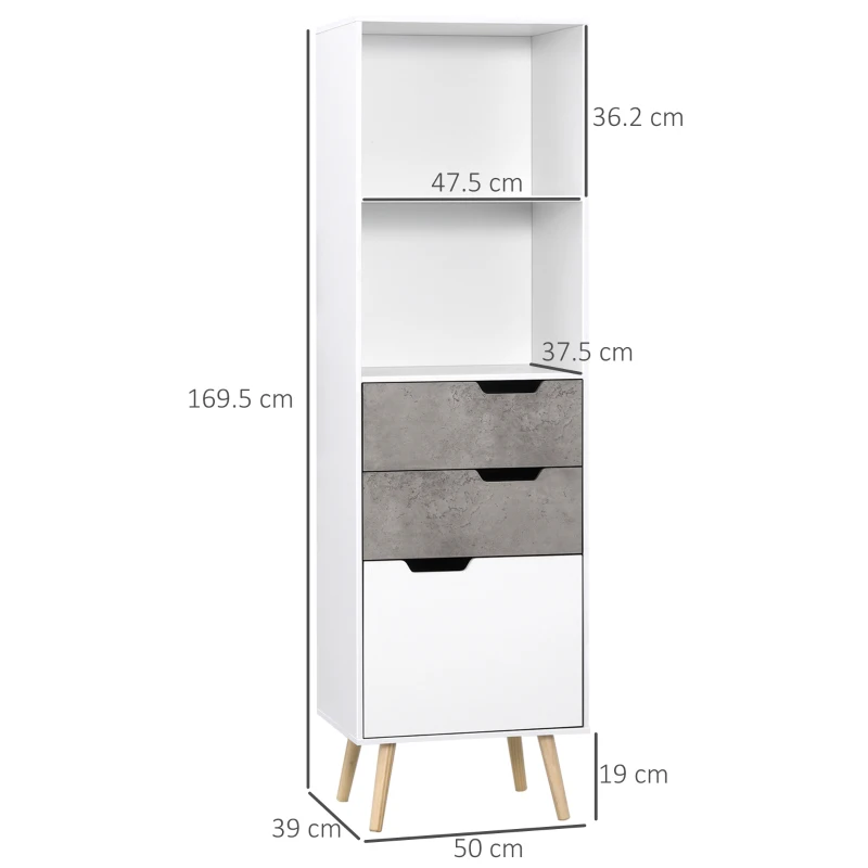 HOMCOM Mobile da Salotto con 3 Cassetti e 2 Ripiani Aperti in Truciolato e Legno di Pino, 50x39x169.5 cm, Grigio Bianco