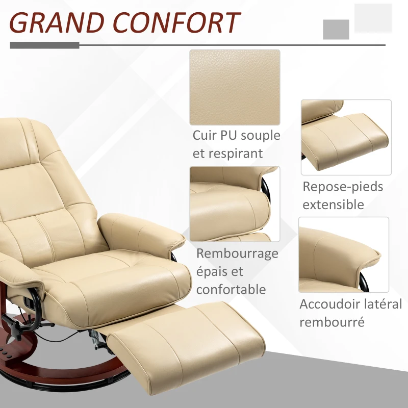 HOMCOM Fauteuil relax inclinable repose-pieds réglable pivotant 360° piètement bois revêtement synthétique crème(m-6)
