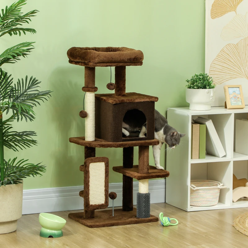 PawHut Árbol Rascador para Gatos 104 cm con Plataformas Poste con Cepillo Bolas Colgantes y Almohadilla para Rascar Marrón