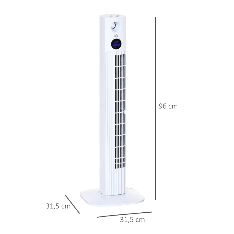 HOMCOM Ventilador de Torre Bajo Consumo 45W Silencioso con Caja de Aromas y Mando a Distancia 3 Velocidades 3 Modos Oscilación 70° Pantalla LED Táctil Temporizador 12h 31,5x31,5x96 cm Blanco