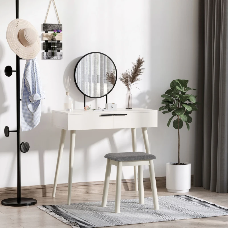 HOMCOM Dressing Table with Mirror and Stool, Vanity Makeup Desk Set with 2 Drawers, Cushioned Stool and Make-up Organiser for Bedroom and Dressing Room, 80 x 40 x 123 cm, White