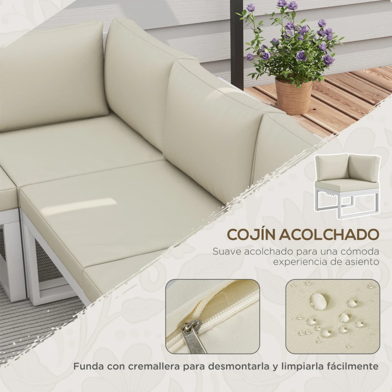 Outsunny Juego de Muebles de Terraza Incluye 2 Sofás Dobles 1 Sofá Esquinero Reclinable y Mesa de Centro con Cojines Crema