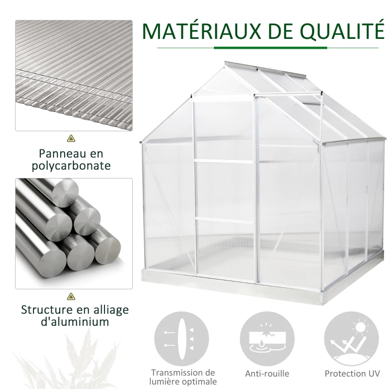 Outsunny Serre de Jardin Aluminium Tente Abri Plante Jardinage Polycarbonate 3,6 m² dim. 1,9L x 1,93l x 2,05H m Fondation Lucarne réglable Porte coulissante