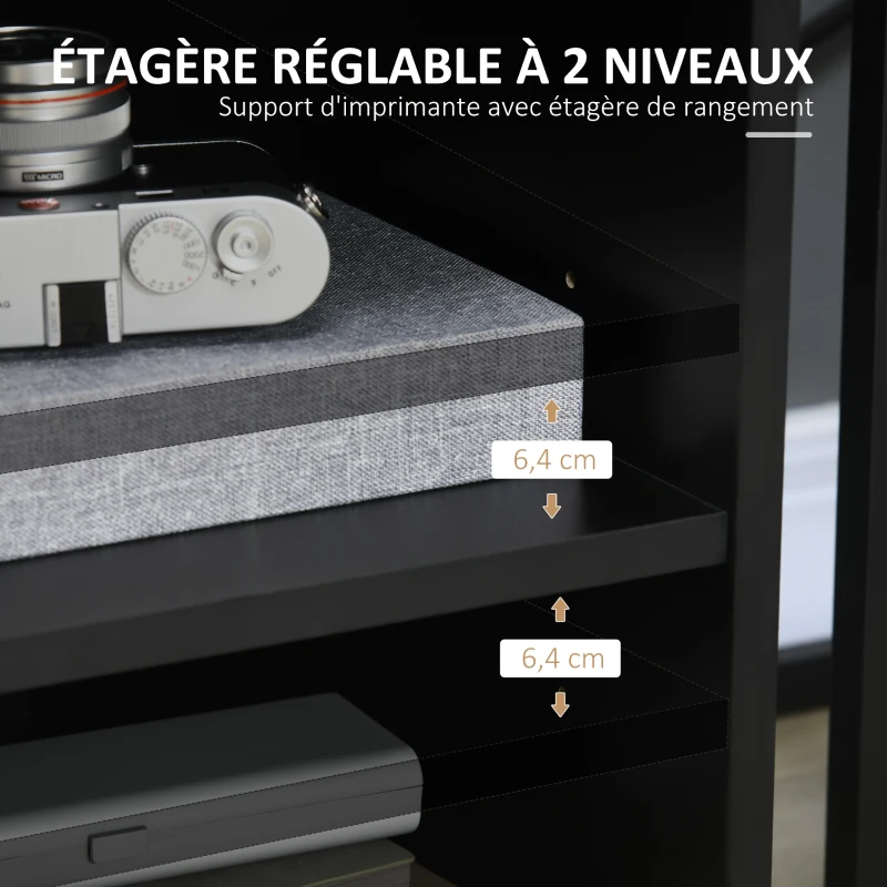 HOMCOM Support d'imprimante organiseur bureau caisson placard porte 3 niches + grand plateau panneaux particules noir