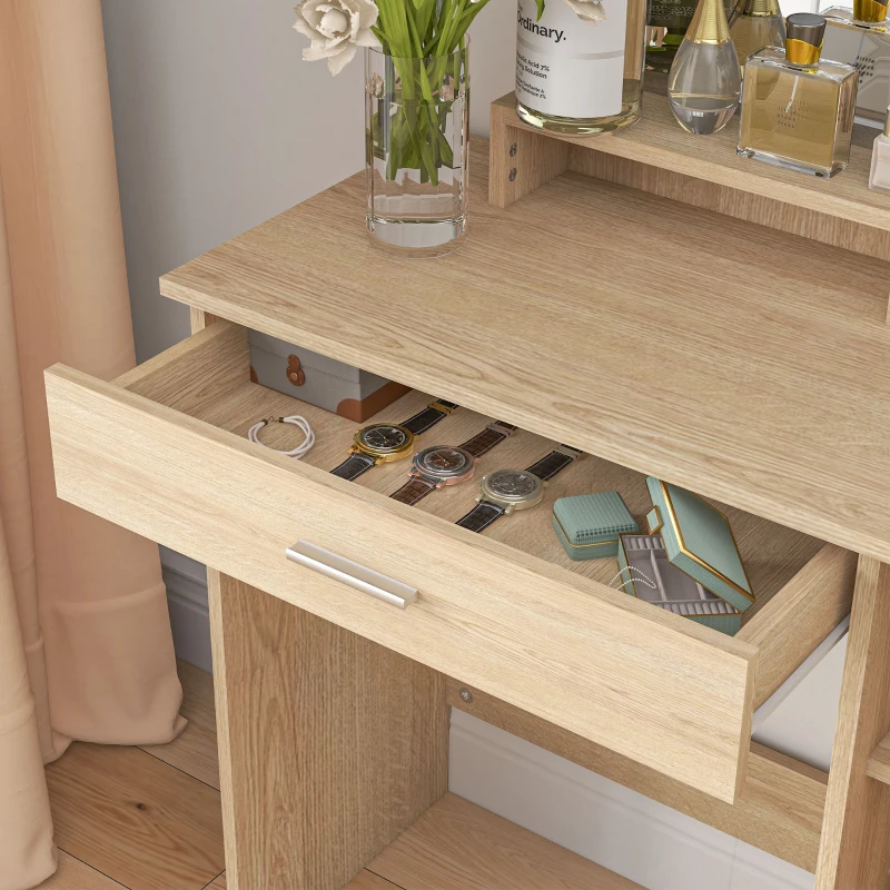 HOMCOM Tavolo per Trucco in Truciolato con Mobiletto, Cassetto, Ripiani Aperti e Specchio, 90x38x138 cm