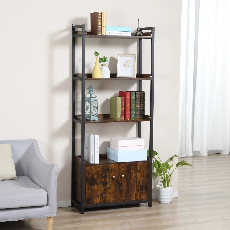 HOMCOM Mobile Libreria 4 Ripiani con Armadietto a 2 Ante, Libreria Scaffale in Stile Industriale per Casa e Ufficio, 75x30x180cm, Marrone