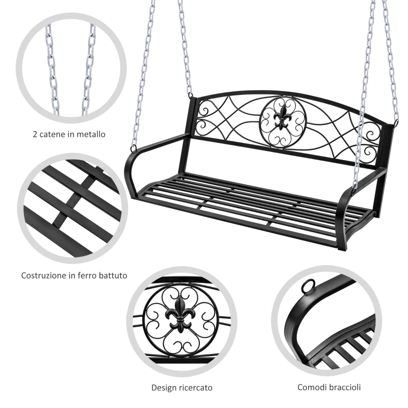 Outsunny Dondolo 2 Persone Design Classico Catene Incluse da Giardino Acciaio 132 x 63 x 58 cm Nero