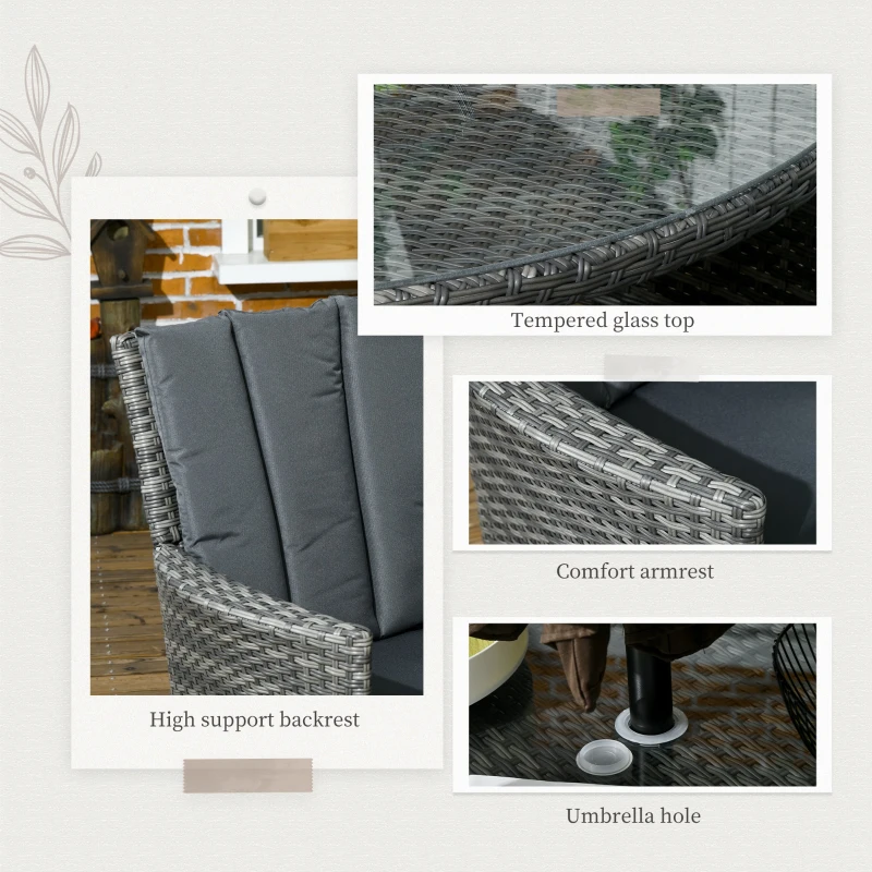 Outsunny Seven-Piece Rattan Dining Table, with Round Glass-Top Table - Mixed Grey