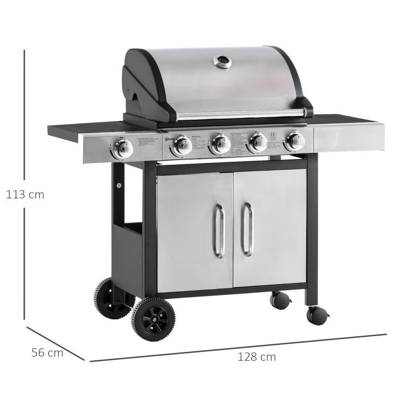 Outsunny Barbecue Gas con Coperchio e 5 Bruciatori da 15.2kW e 4 Ruote, 128x56x113cm