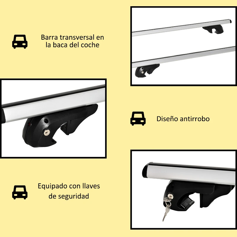 HOMCOM Barras de Techo Universales para Vehículos de Aluminio Bacas Portaequipajes Coche Automóvil Baca para Coche Universales con Cerradura Carga 75 kg 135 cm Plata