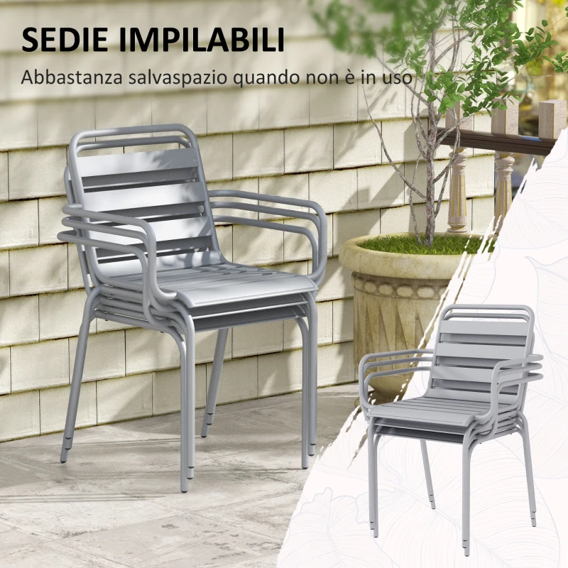 Outsunny Set da Giardino 7 Pezzi in Acciaio con 6 Sedie Impilabili e Tavolo da Pranzo, Grigio Chiaro