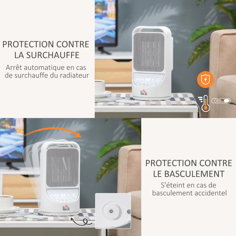 HOMCOM Chauffage soufflant oscillant 1500 W - mini radiateur céramique PTC - 3 niveaux de puissance - chauffage d'appoint avec télécommande blanc