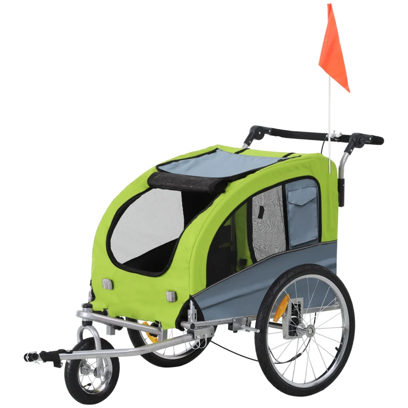 PawHut Remolque de Bicicleta para Perros 2 en 1 Carrito de Perros con Mango Ajustable Bandera y Reflectores 155x83x108 cm Verde