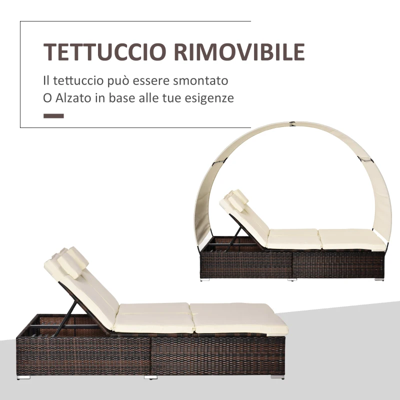 Outsunny Sdraio da Giardino Doppia con Tettuccio e Schienale 5 Reclinazioni, Lettino Prendisole in Rattan PE 196x137x31cm Bianco Crema
