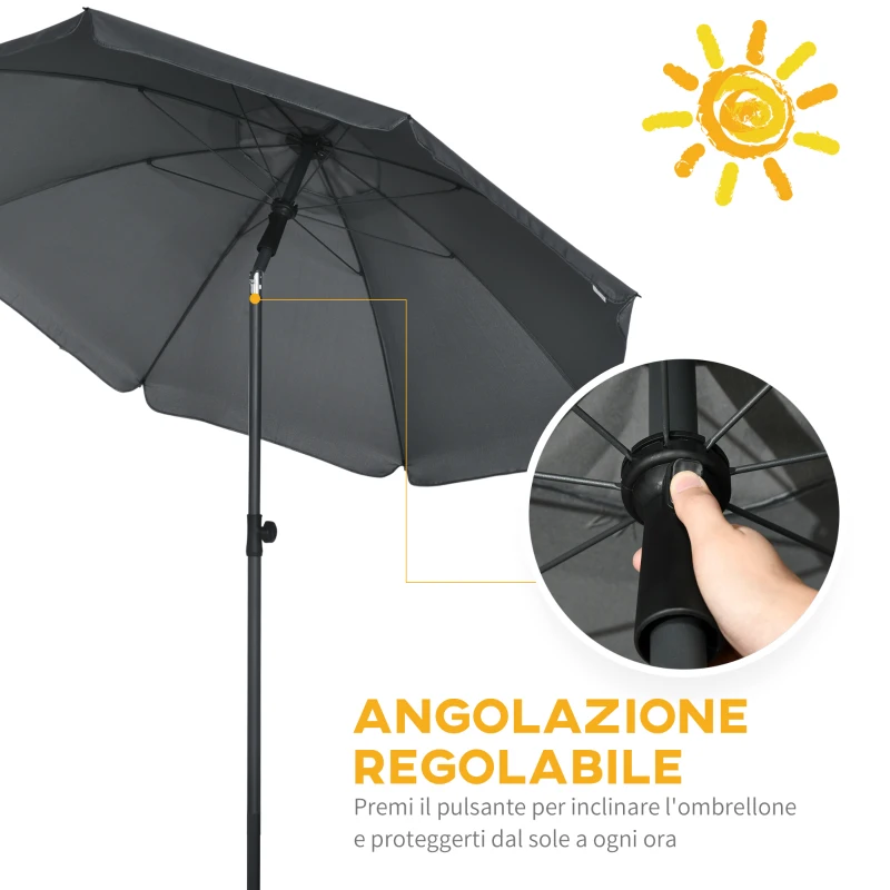 Outsunny Ombrellone da Spiaggia 1.8x2  m, in Poliestere e Acciaio a 8 Stecche con Reclinazione a 45°, Grigio
