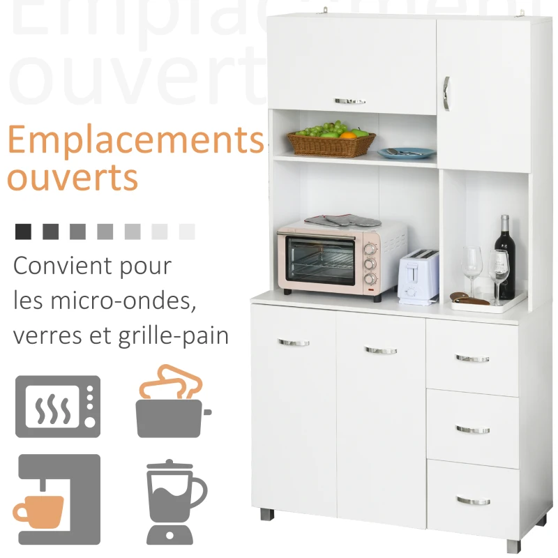 HOMCOM Armoire de cuisine multi-rangements 4 portes 3 tiroirs étagère + grand plateau 100L x 39,5l x 183,5H cm blanc