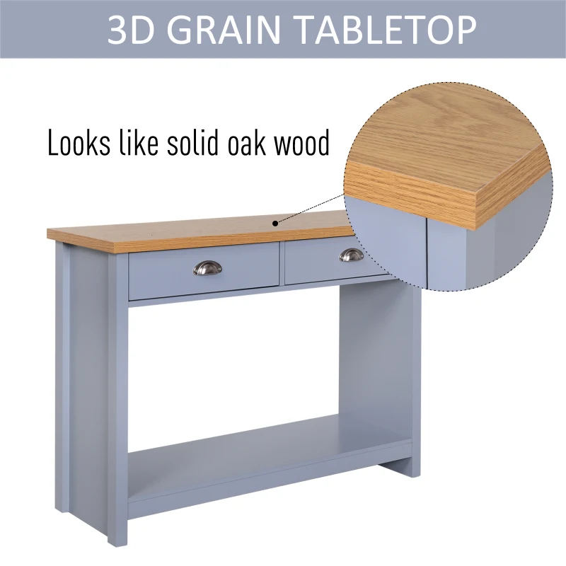 HOMCOM 2 Drawers Console Table w/Bottom Shelf Rustic Retro Style Hallway Living Room Home Furniture Wood Effect Worktop Grey