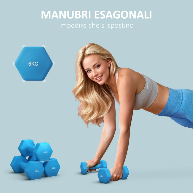 SPORTNOW Set 2 Manubri Esagonali da 2x6kg in Metallo e Plastica con Impugnatura Antiscivolo, 22x10x10 cm, Azzurro